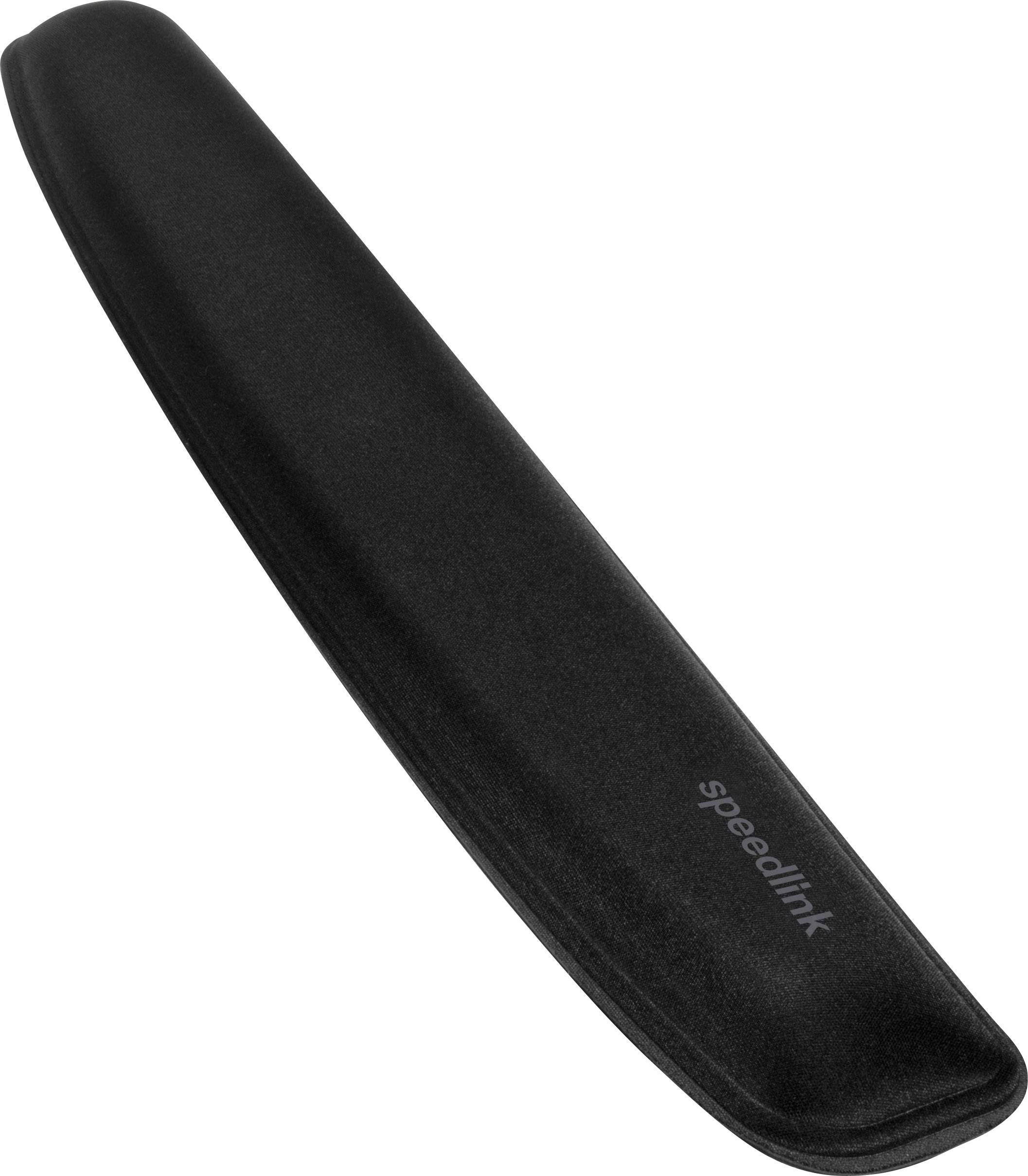 Repose-poignet noir rembourré avec logo 'speedlink', ergonomiquement conçu pour offrir un soutien lors d'une utilisation prolongée de l'ordinateur.