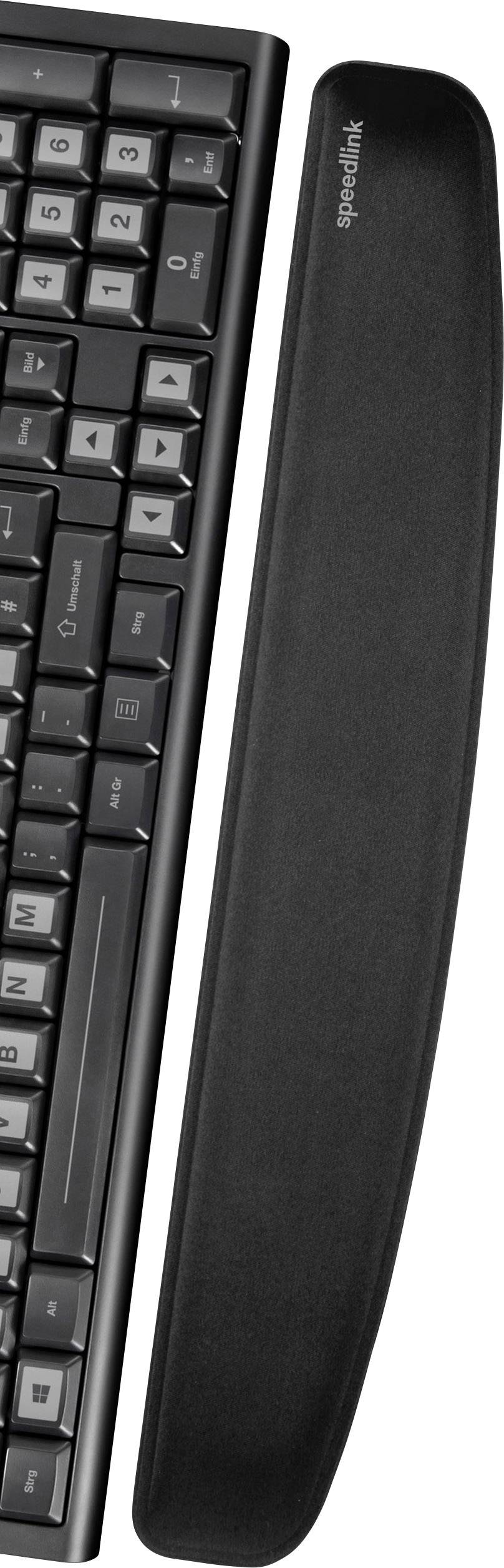 Clavier avec repose-poignets noir posé sur une surface de table. Il présente une disposition des touches QWERTZ.