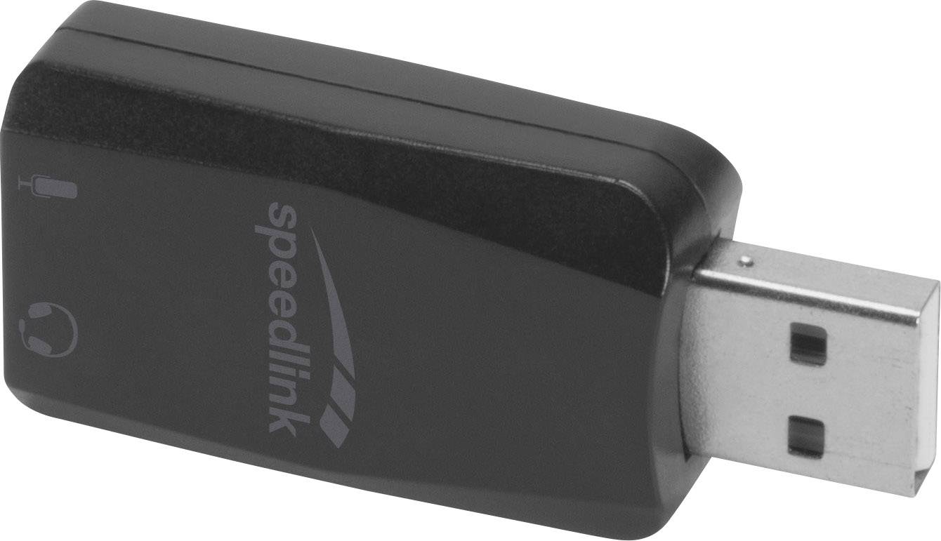 Une clé USB noire portant l'inscription 'speedlink', avec des symboles de microphone et d'écouteurs.