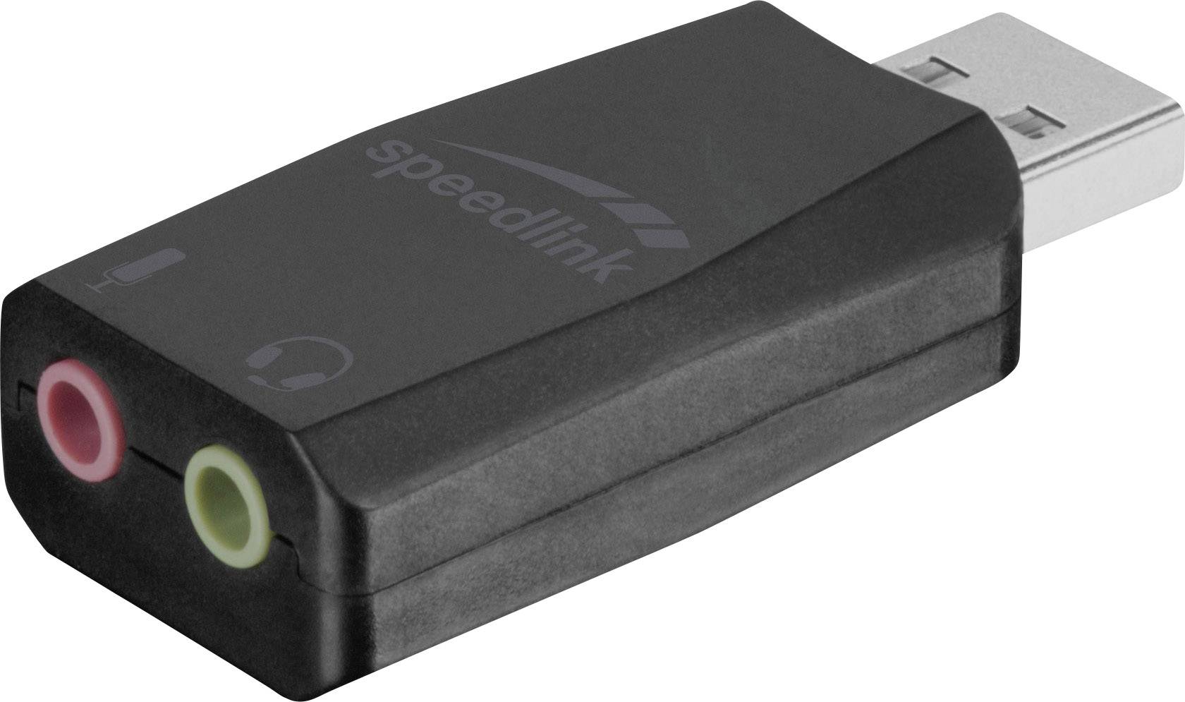 Carte son USB externe en noir avec un connecteur USB argenté, dotée d'une entrée microphone et d'une sortie casque.