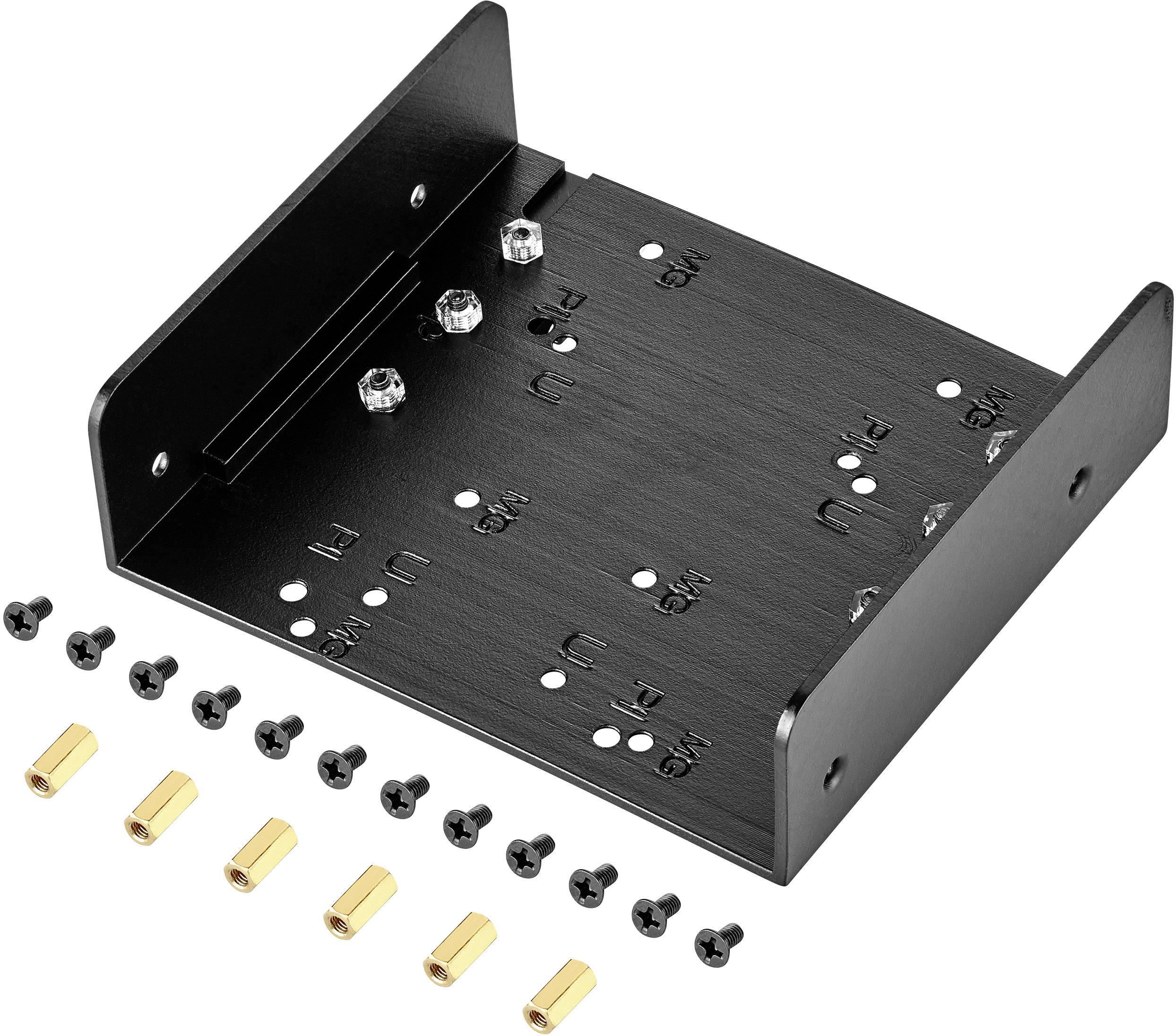 Support de métal noir avec plusieurs perforations et un ensemble de vis, adapté pour la fixation de composants matériels dans un boîtier.