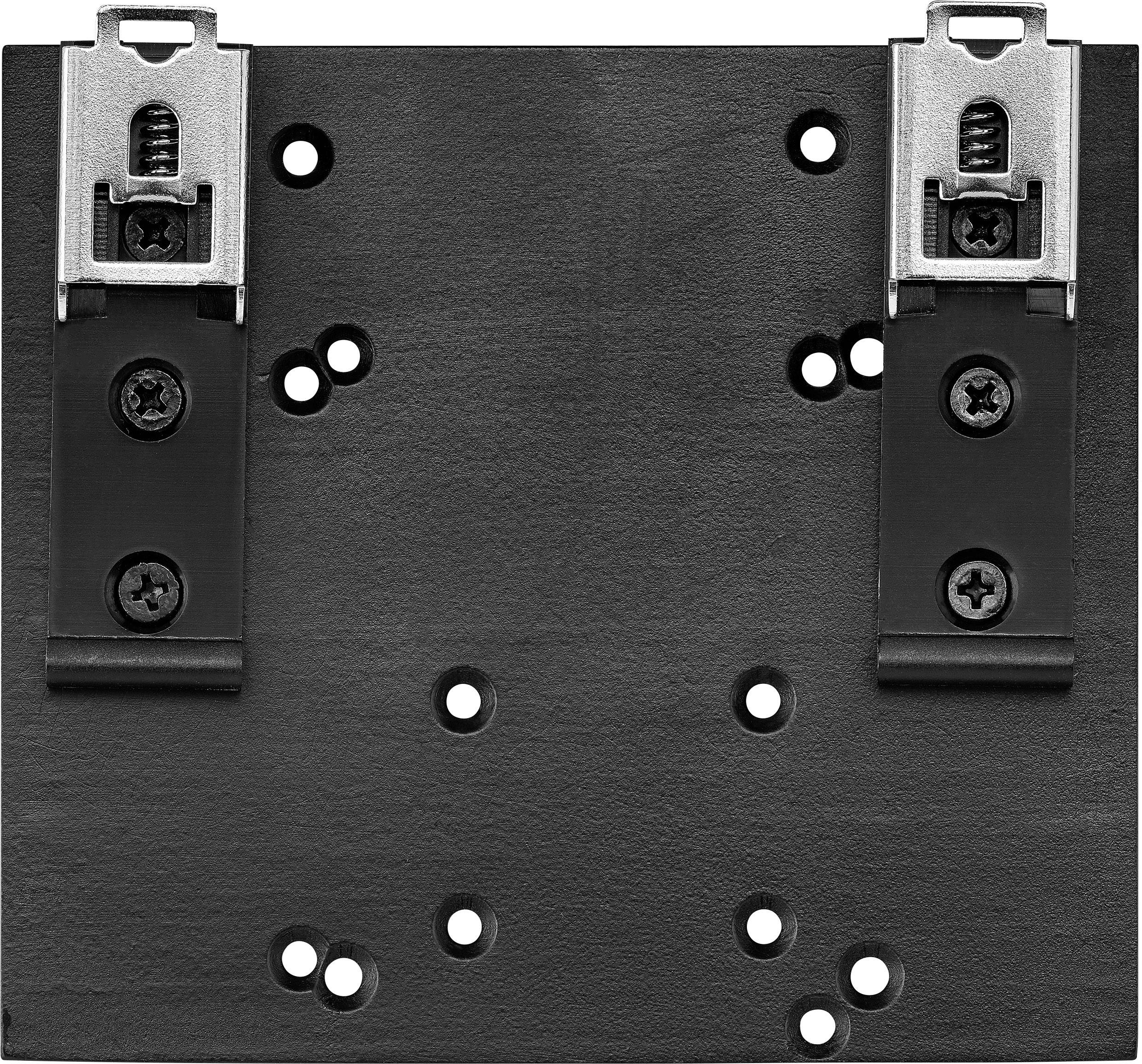Plaque métallique noire rectangulaire avec plusieurs trous et deux clips fixés. Utilisée pour la fixation ou l'installation sur une surface.