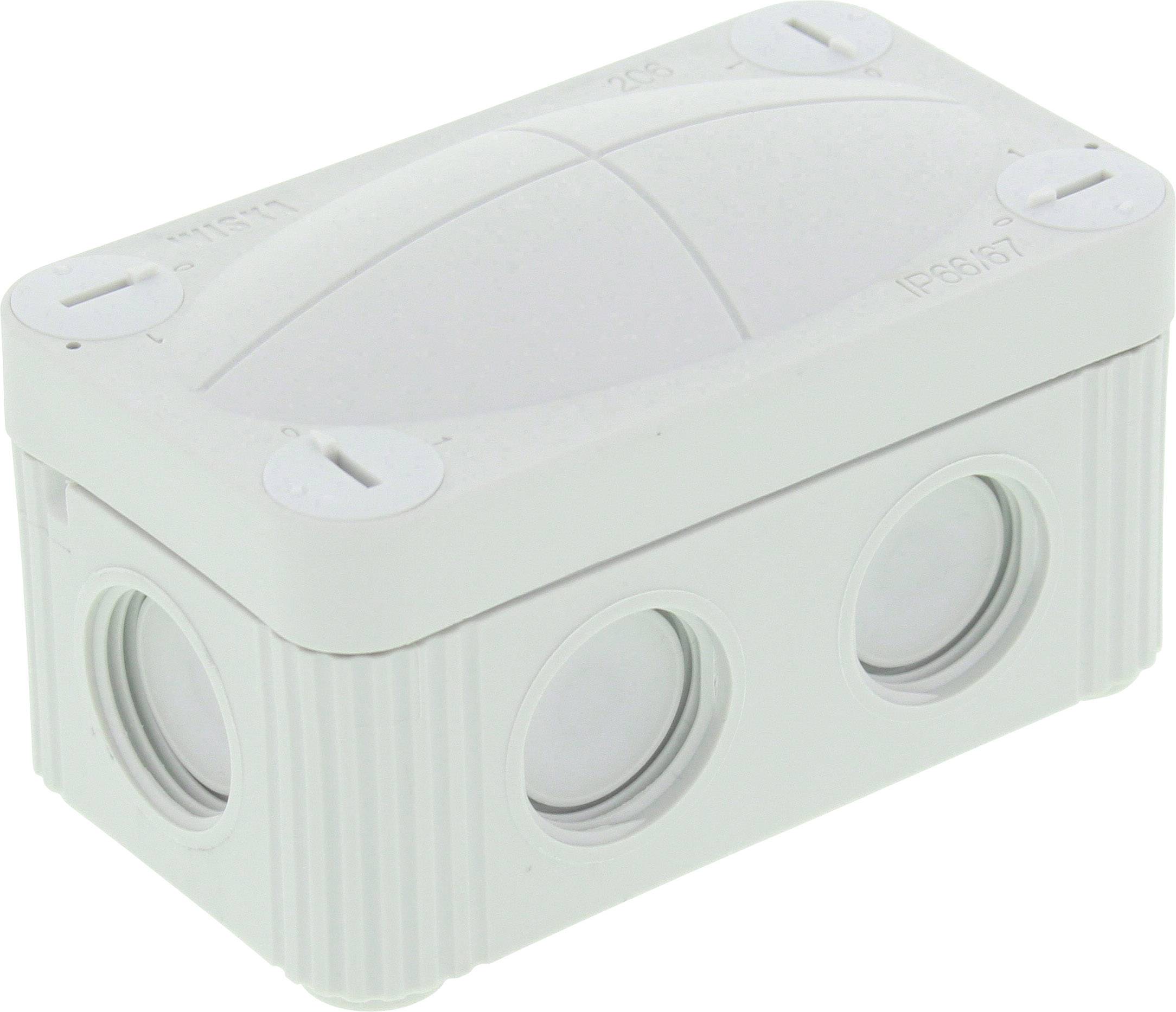 Boîte de jonction en plastique blanc, rectangulaire, avec des coins arrondis et plusieurs entrées de câbles sur tous les côtés et le couvercle.