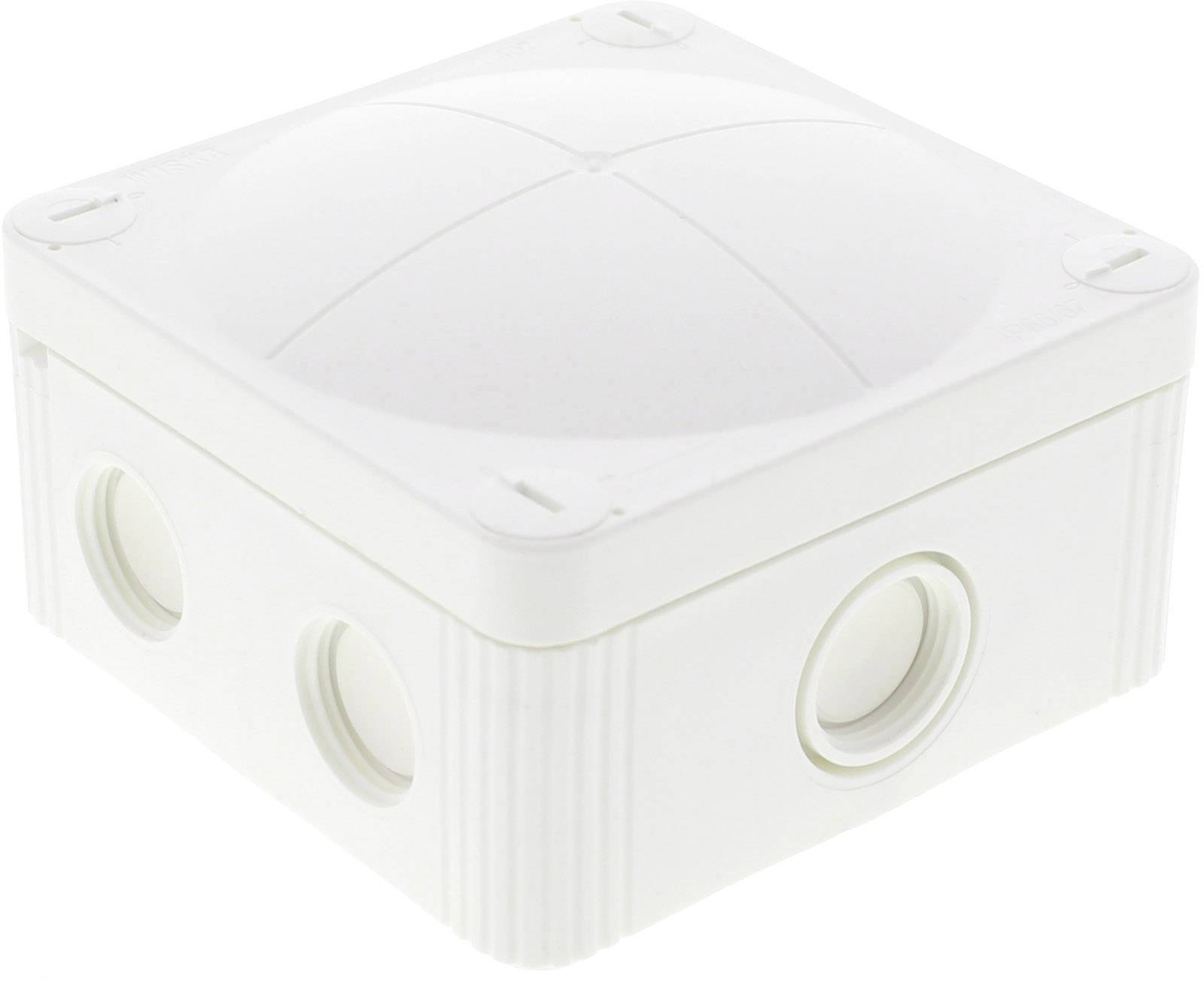Boîte de dérivation en plastique blanc avec des angles arrondis et des entrées de câbles latérales.