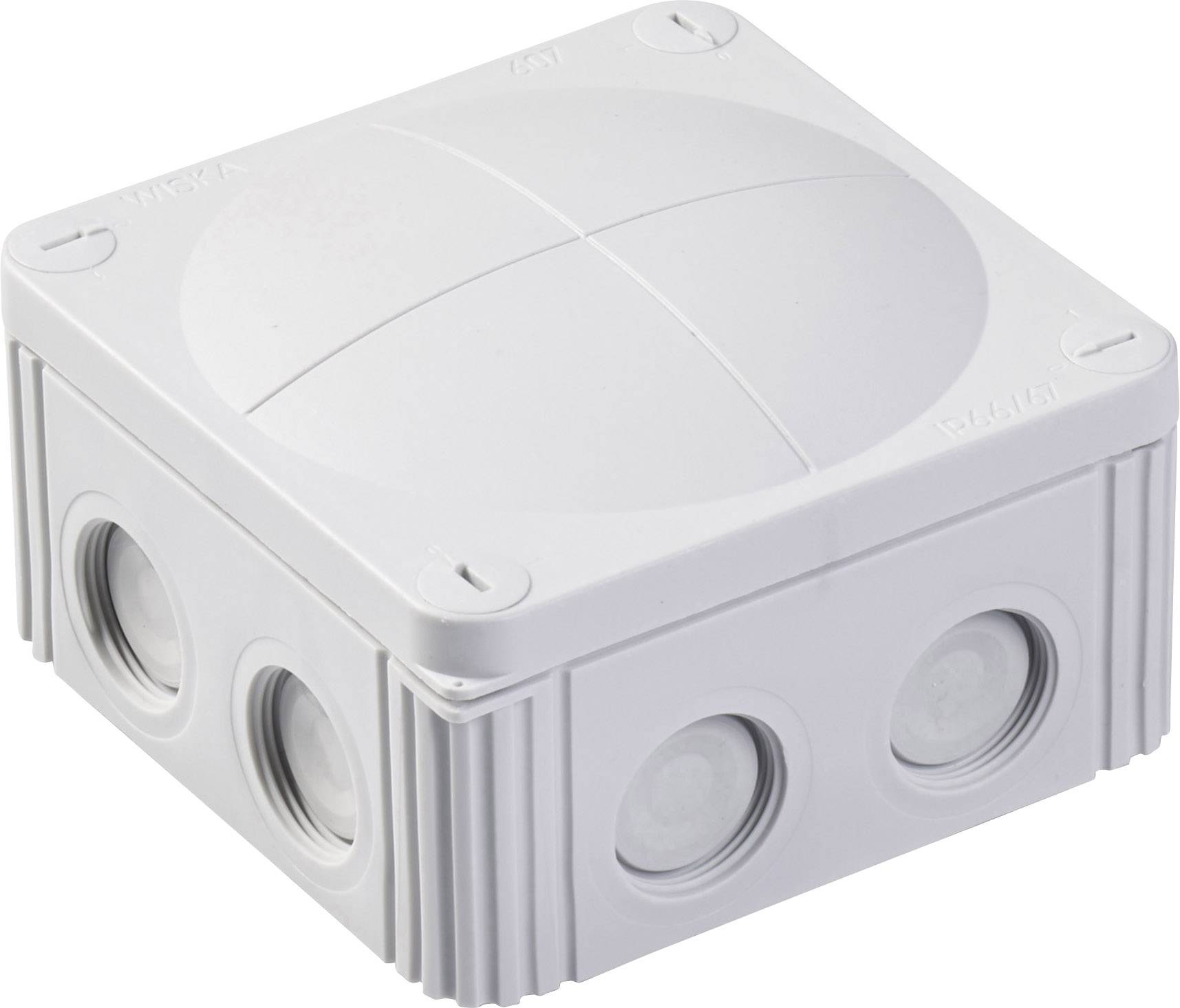 Une boîte de dérivation carrée en plastique grise avec quatre ouvertures rondes sur les côtés, adaptée aux installations électriques.