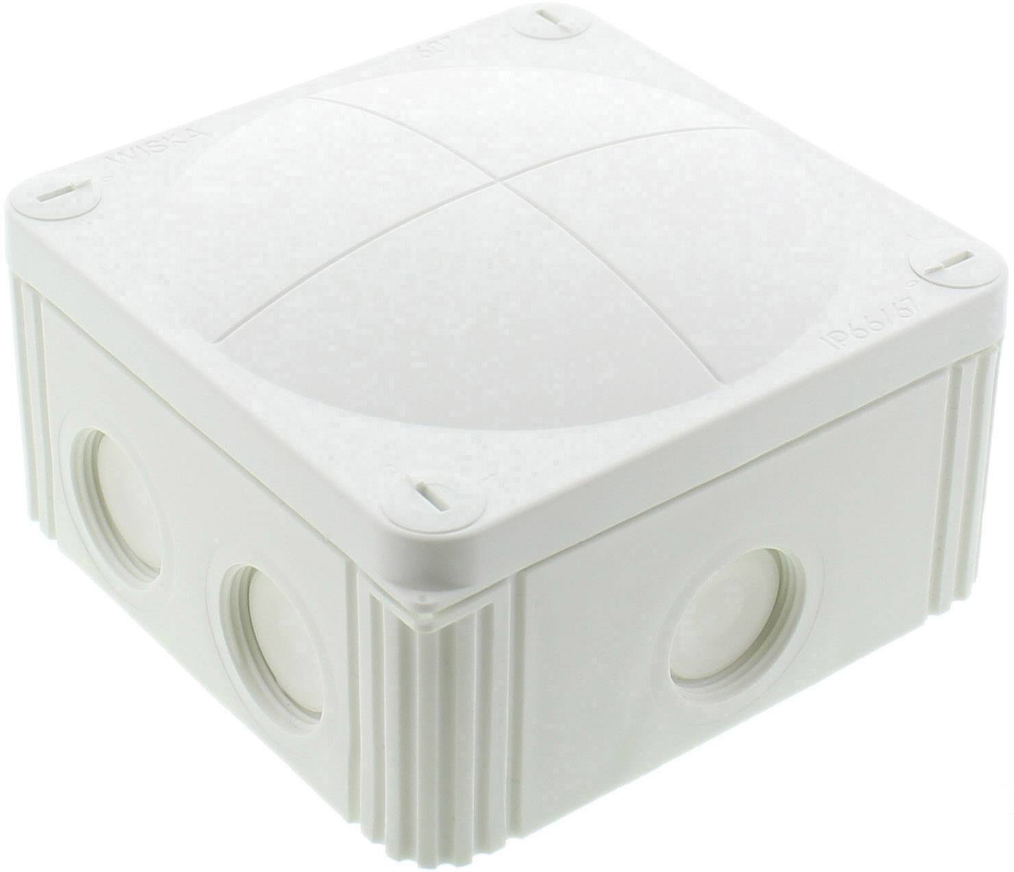 Boîte de dérivation carrée blanche en plastique avec plusieurs ouvertures d'entrée sur les côtés, souvent utilisée pour les installations électriques.