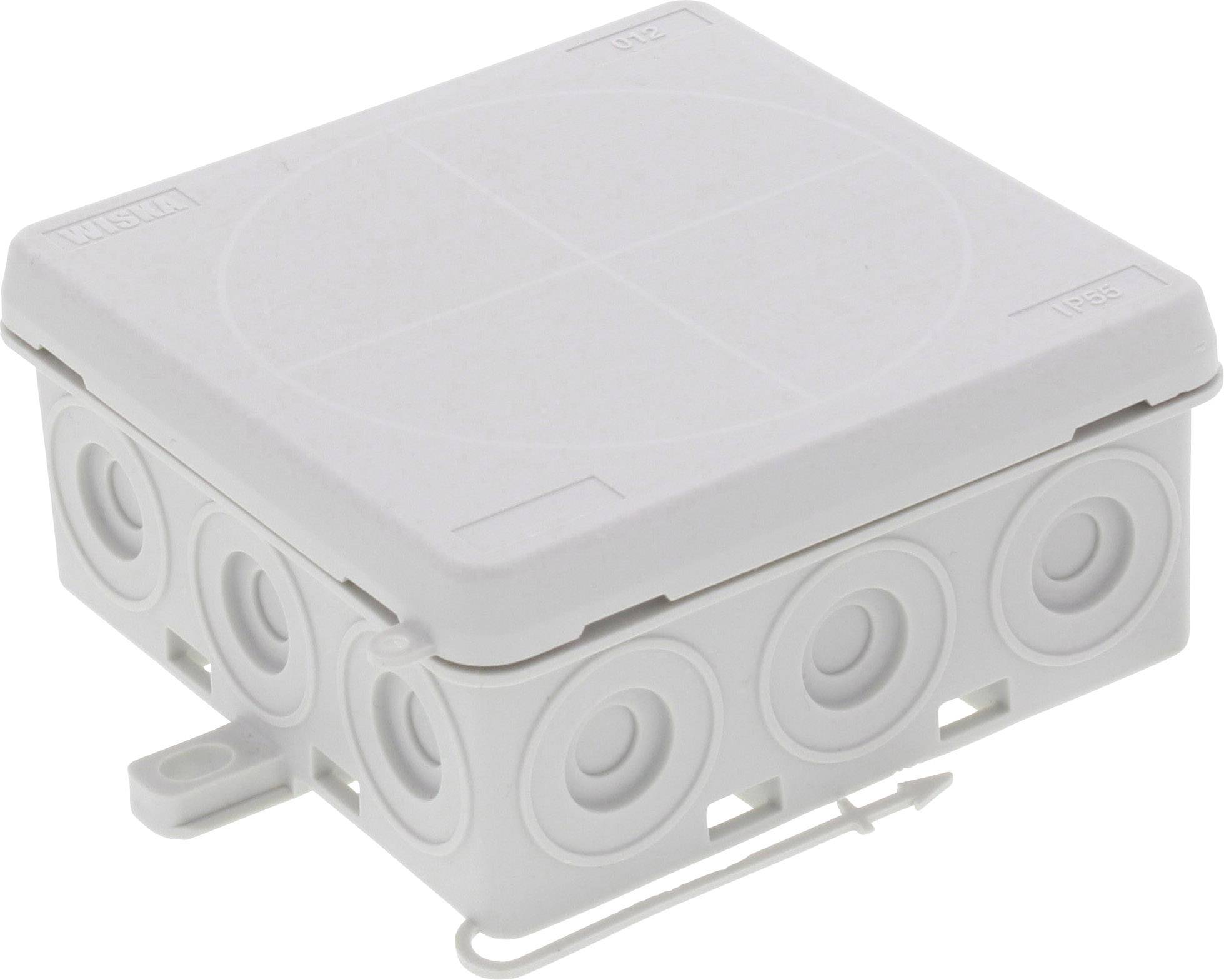 Boîte de dérivation en plastique blanc, carrée, avec plusieurs ouvertures rondes pour câbles sur les côtés, le couvercle présentant un motif à points.