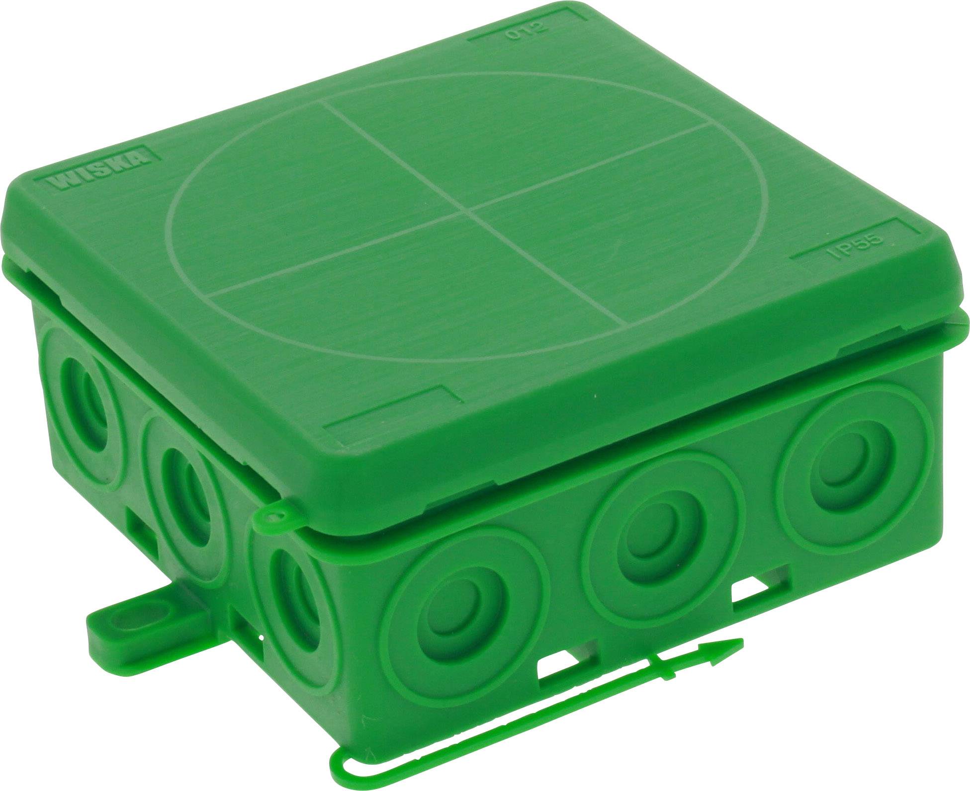 Boîte de raccordement verte avec couvercle amovible, plusieurs ouvertures pour câbles sur les côtés et un système de fermeture simple.