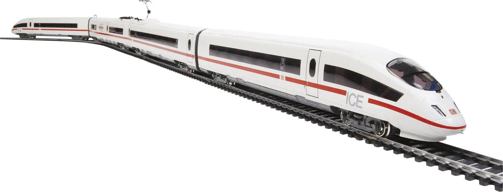 Un train à grande vitesse ICE sur des rails, blanc avec des bandes rouges, en mouvement. Principal moyen de transport de la Deutsche Bahn.