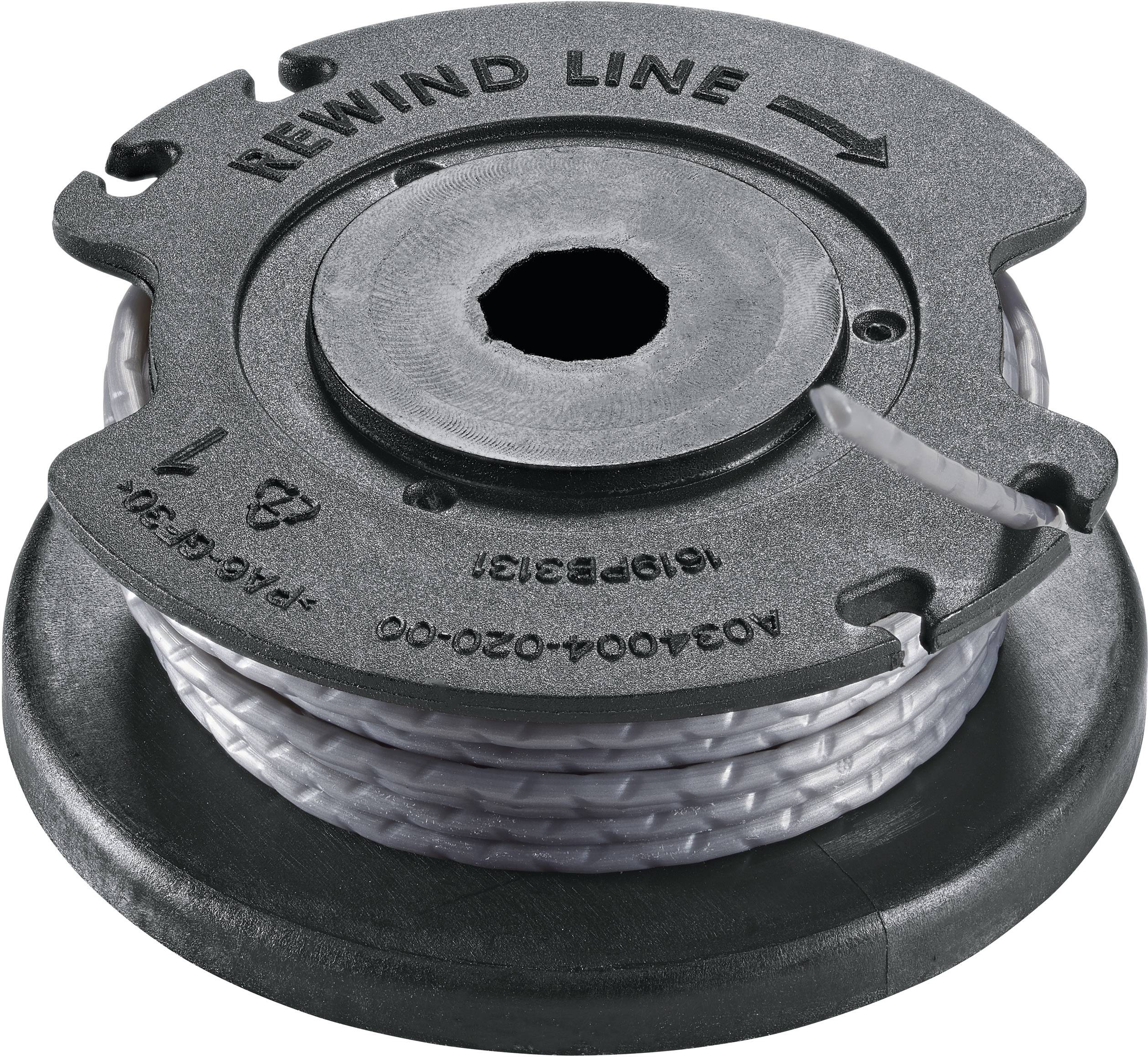 Une bobine noire avec un fil de nylon blanc. Sur la surface supérieure est inscrit 'REWIND LINE' et un symbole de recyclage.