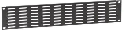 Grille de ventilation noire avec des fentes rectangulaires, adaptée au montage en rack pour améliorer la circulation de l'air.