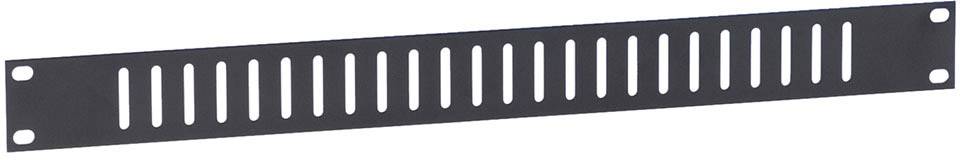 Une plaque de recouvrement noire en métal avec plusieurs fentes de ventilation rectangulaires, adaptée au montage dans un système de rack.