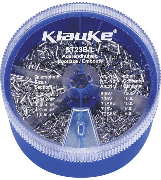 Boîte ronde contenant des embouts de câble de différentes tailles, de couleur bleue. Étiquetage : 'Klauke ST23B/L', avec indication des tailles et des numéros d'article.