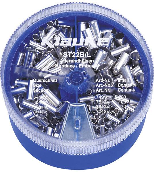 Boîte ronde 'Klauke ST 22 BI' avec des embouts de câble argentés dans différentes tailles (4mm², 6mm², 16mm²).