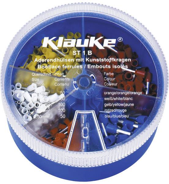 Récipient rond contenant des embouts de câble en plastique de différentes couleurs. Couleurs : orange, jaune, rouge, bleu, blanc. Capacités marquées.