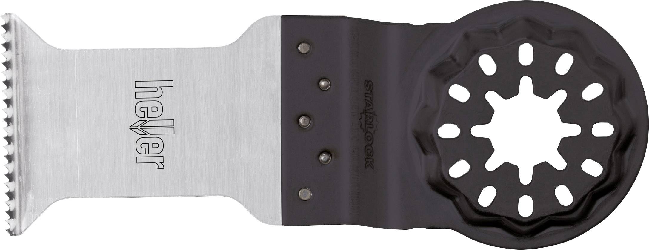 Une lame de scie pour outils multifonctions avec tranchant dentelé, portant les marques 'heller' et 'Starlock'.