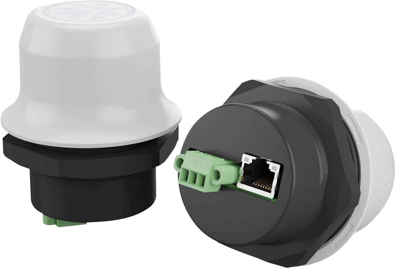 Deux capteurs réseau noir et blanc avec des possibilités de connexion Ethernet et par câble, l'un montrant le côté avant, l'autre le côté arrière.