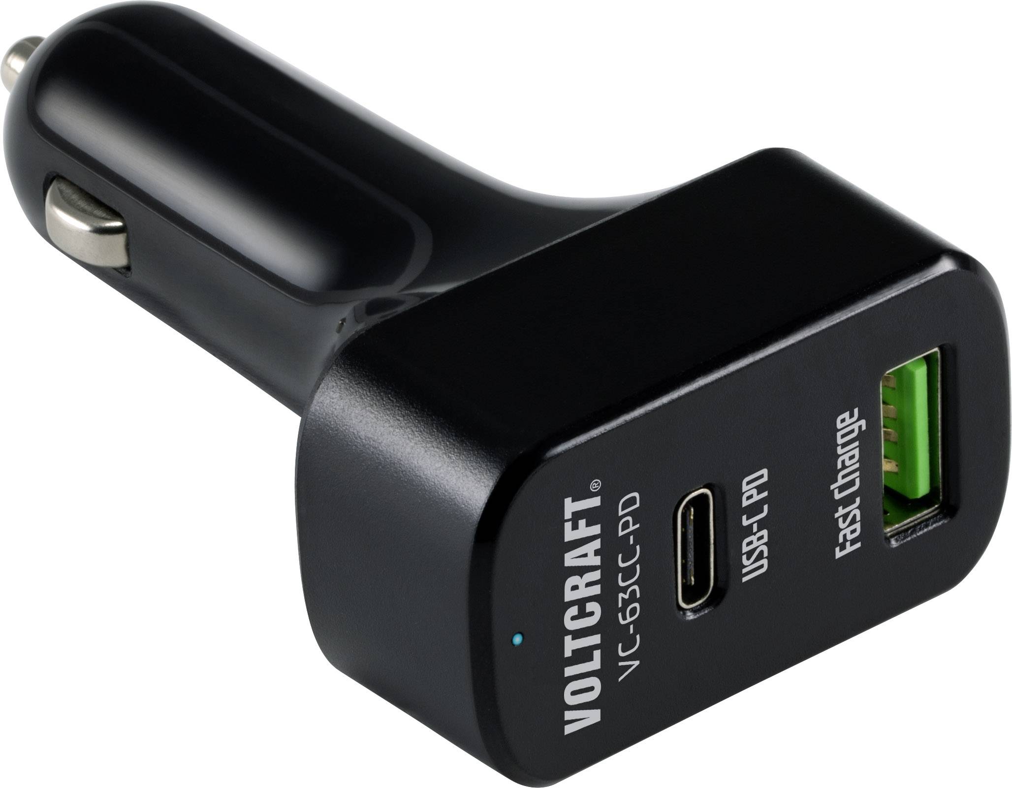 Chargeur de voiture noir avec deux ports : USB-C PD et USB-A Quick Charge. Marque : Voltcraft. Pour une charge rapide en voiture.