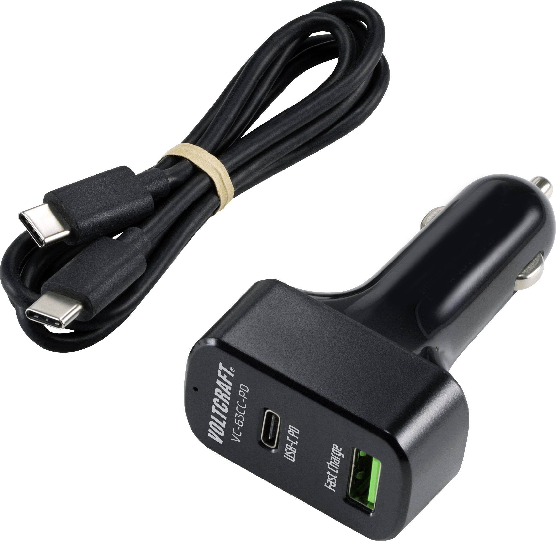 Chargeur de voiture brillant noir avec deux ports (USB-C, USB-A) et un câble USB-C à côté, conçu pour charger des appareils mobiles.