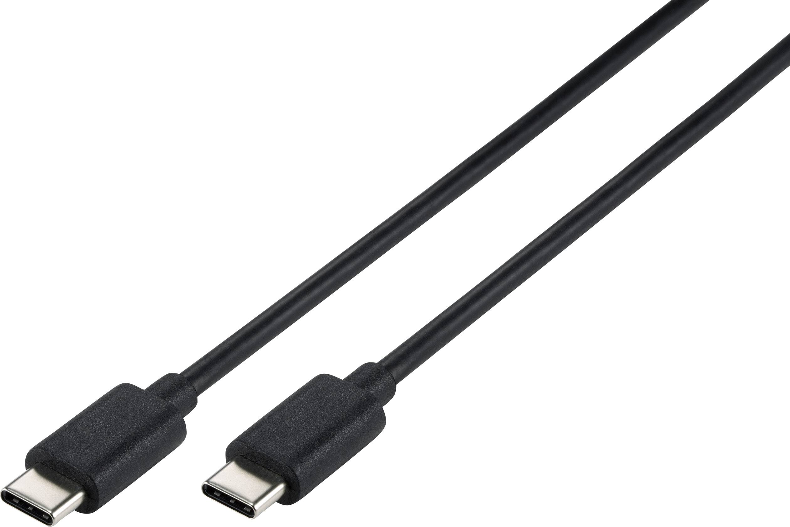 Câble USB-C avec connecteurs des deux côtés, noir. Adapté pour le chargement et le transfert de données pour les appareils compatibles.