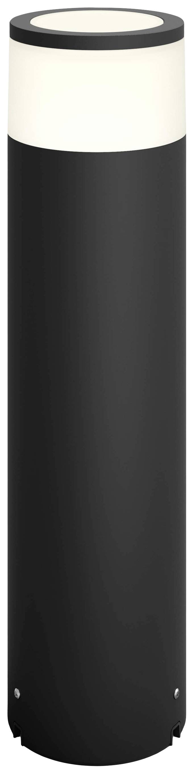 Luminaire extérieur noir de forme cylindrique avec partie supérieure blanche et lumineuse. Idéal pour l'éclairage des trottoirs ou des jardins.