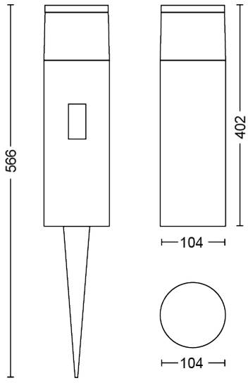 Dimensions d'une lampe cylindrique avec piquet de terre : hauteur 566 mm, y compris le piquet, diamètre 104 mm, hauteur du corps 402 mm.