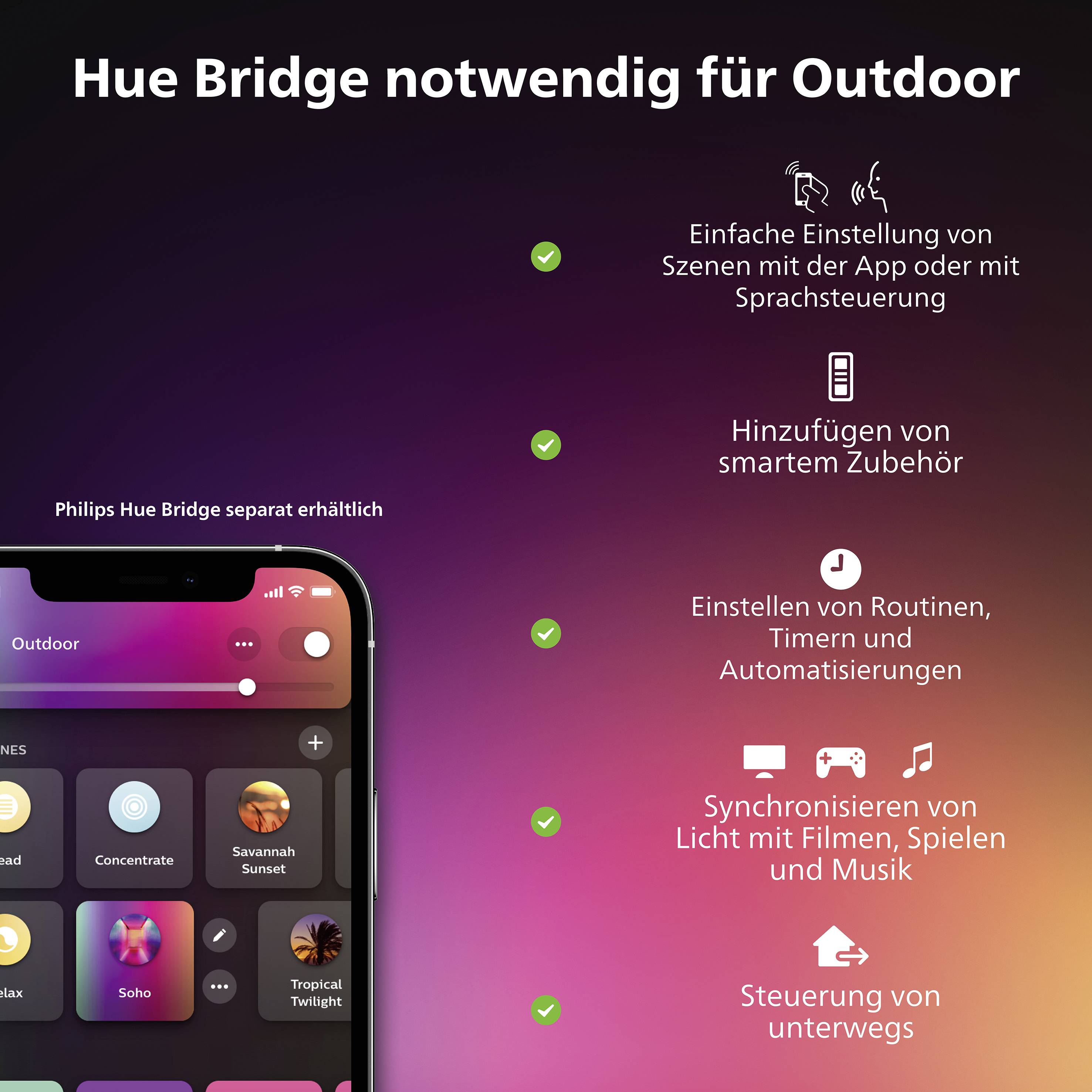 Un écran de smartphone affiche l'application Philips Hue, entouré de texte sur le contrôle des scènes et les fonctions du pont Hue pour l'extérieur.