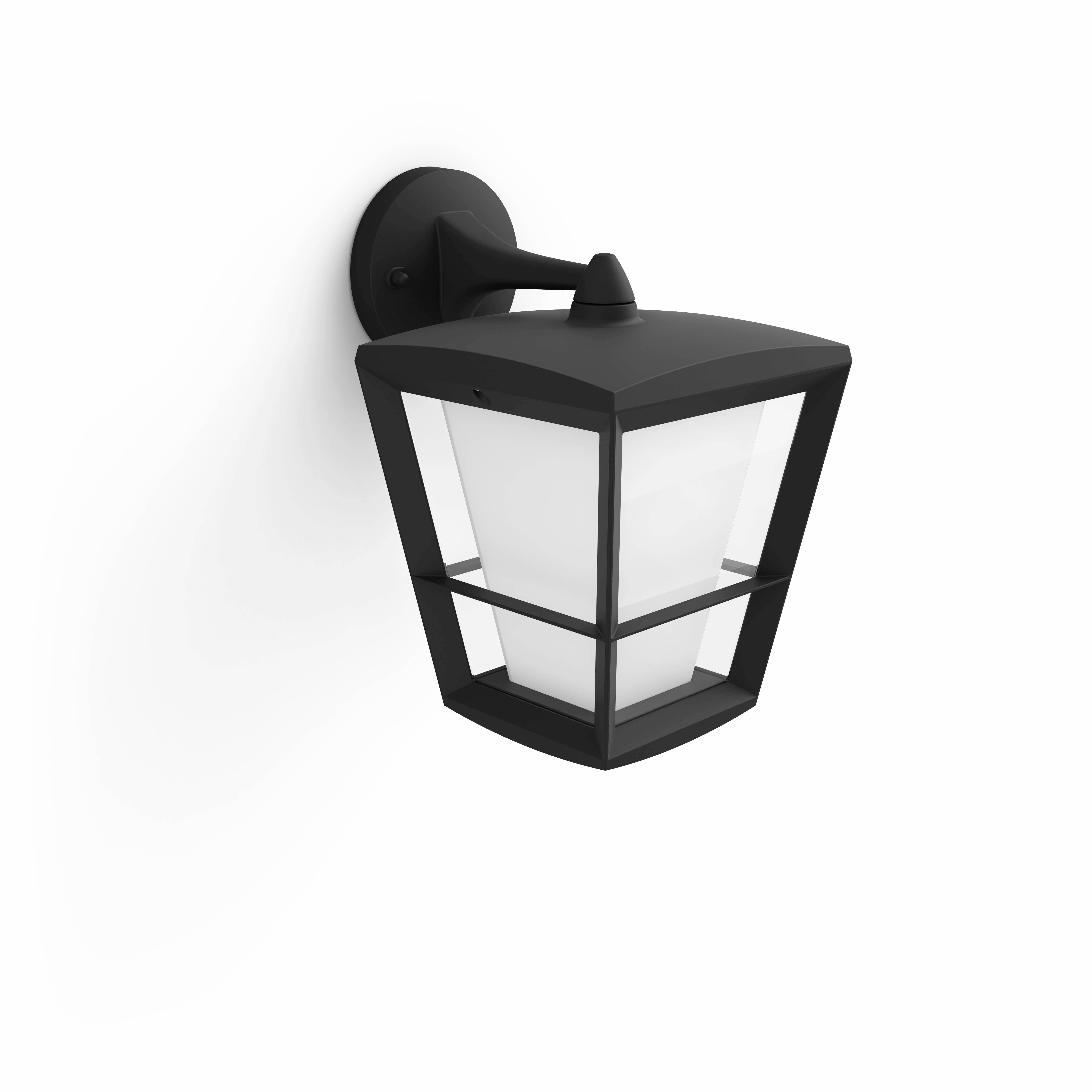 Lampe extérieure moderne noire avec des vitres transparentes, montée au mur.