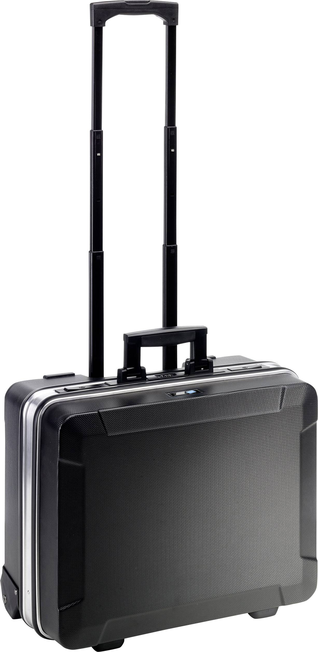 Valise trolley noir avec poignée télescopique, adaptée aux voyages d'affaires ou au transport de matériel de travail.