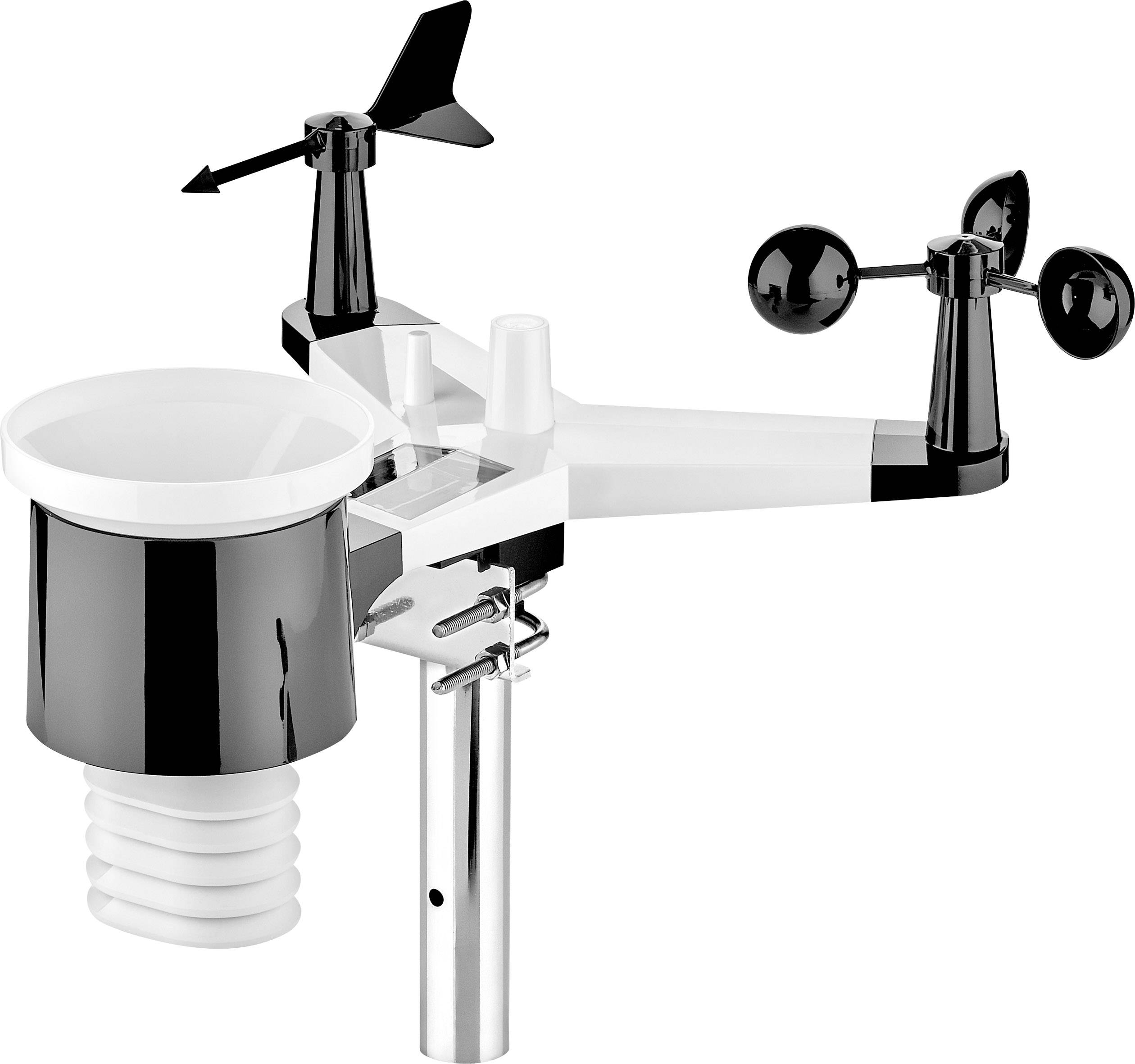Station météorologique avec pluviomètre, girouette et anémomètre pour mesurer les précipitations, la direction du vent et la vitesse du vent.