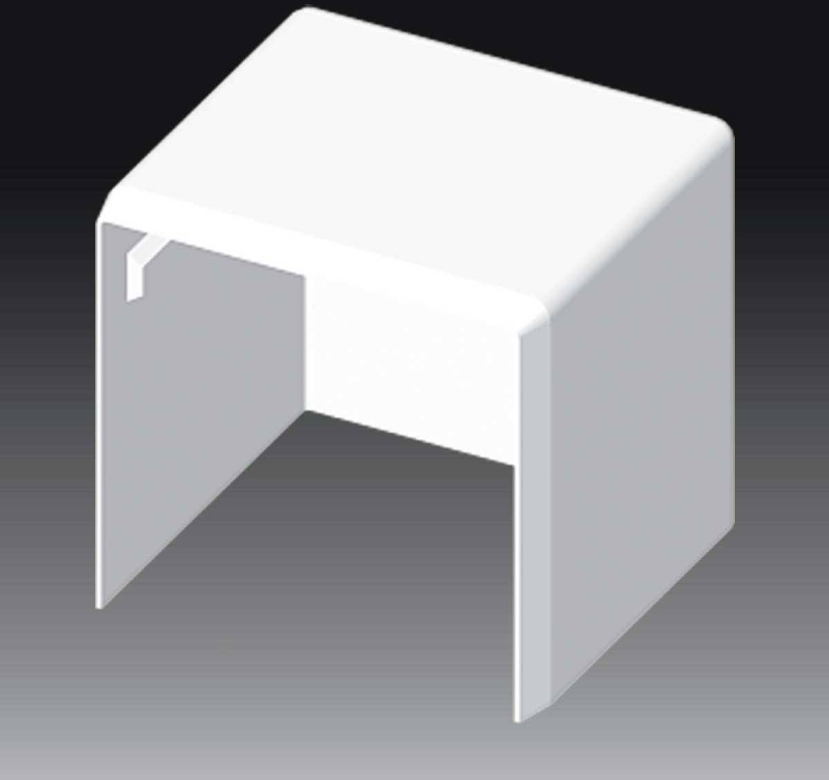 Une table blanche rectangulaire avec deux côtés ouverts, sur un fond gris-noir. La table a des coins arrondis.