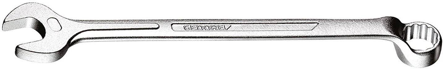 Une clé à double tête en argent, à gauche avec une tête de clé plate, à droite avec une tête de clé polygonale. Le manche porte l'inscription 'GEDORE'.