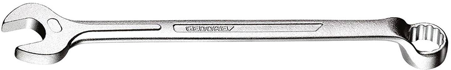 Une clé à molette en argent avec un côté ouvert et un côté à anneau, posée à plat.