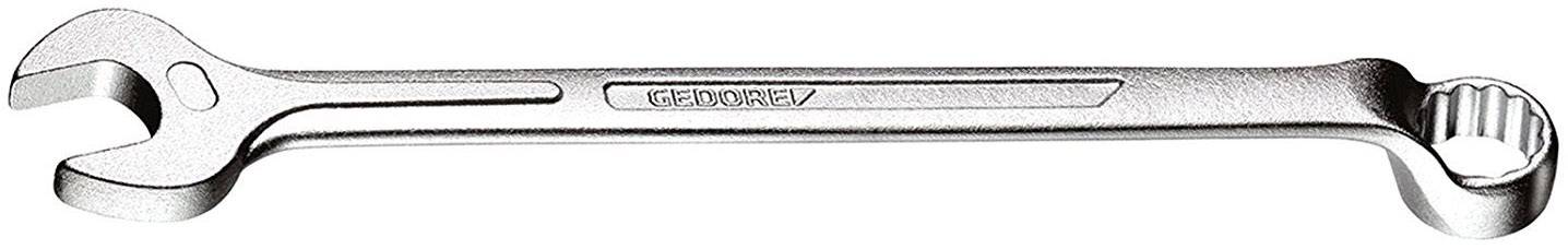 Une clé à double fourche en argent avec une extrémité ouverte à gauche et un anneau à droite, adaptée à différentes tailles de vis.