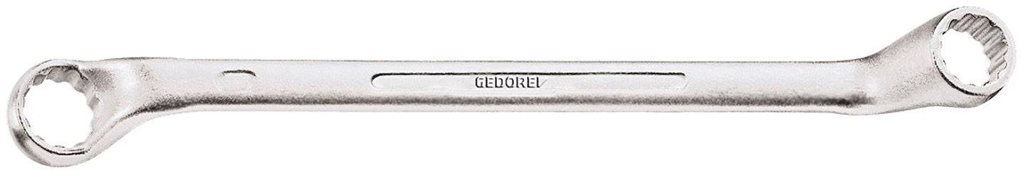 Clé à fourche avec deux extrémités ouvertes, décalées de 90 degrés l'une par rapport à l'autre. Le mot 'Gedore' est gravé dans la zone médiane.
