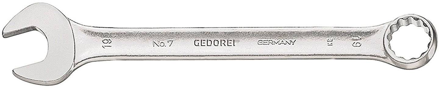 Une clé à fourche en argent avec une extrémité ouverte et en anneau, portant les inscriptions 'GEDORE', '19', et 'No 7'.