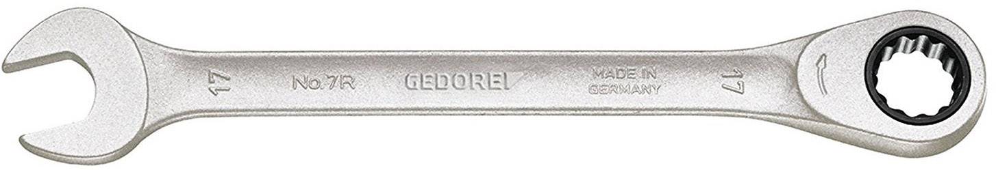 Une clé à molette en argent avec côté ouvert et côté à cliquet, taille 17, de marque en acier inoxydable, portant la mention « MADE IN GERMANY ».