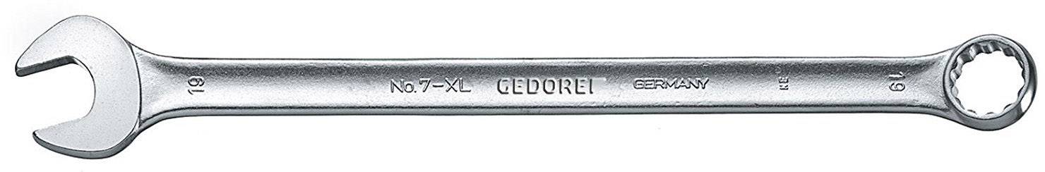 Une clé à molette en argent de la marque GEDORE, avec des fourchettes ouvertes sur la gauche et un côté annulaire sur la droite.