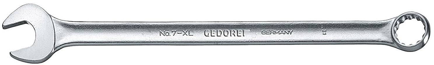 Une clé à anneau en argent avec un côté ouvert et un côté fermé ; gravée 'GEDORE'. Principalement utilisée pour des travaux mécaniques.