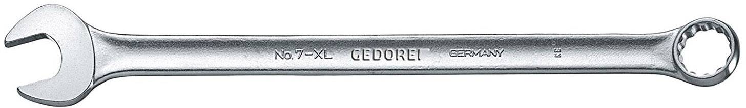 Une clé à double mâchoire en argent portant l'inscription 'GEDORE', présentant deux extrémités : l'une ouverte, l'autre en forme d'anneau, conçue pour une utilisation polyvalente.