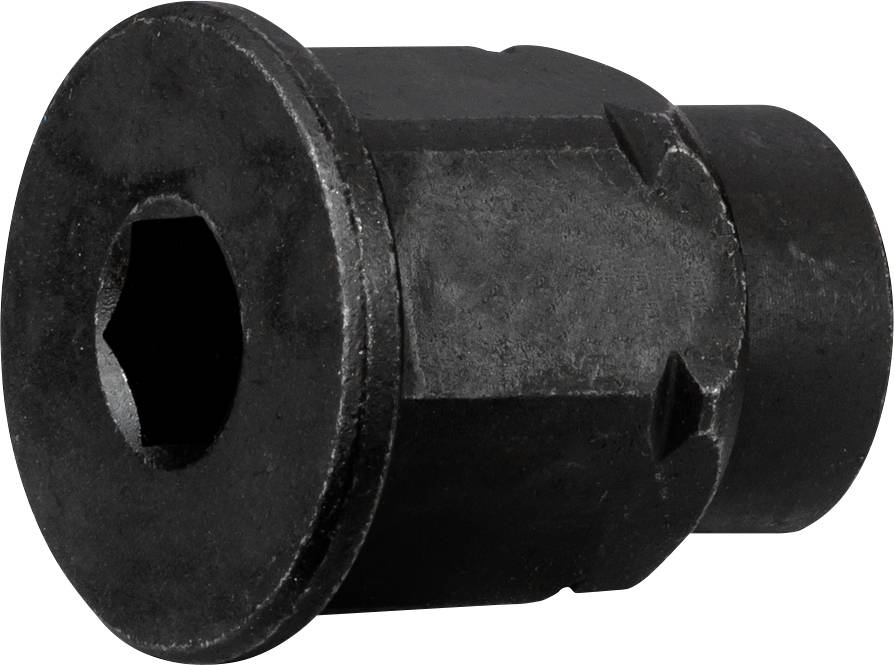 Un manchon hexagonal noir à surface lisse. Il semble solide et fonctionnel et sera probablement utilisé comme accessoire de fixation.