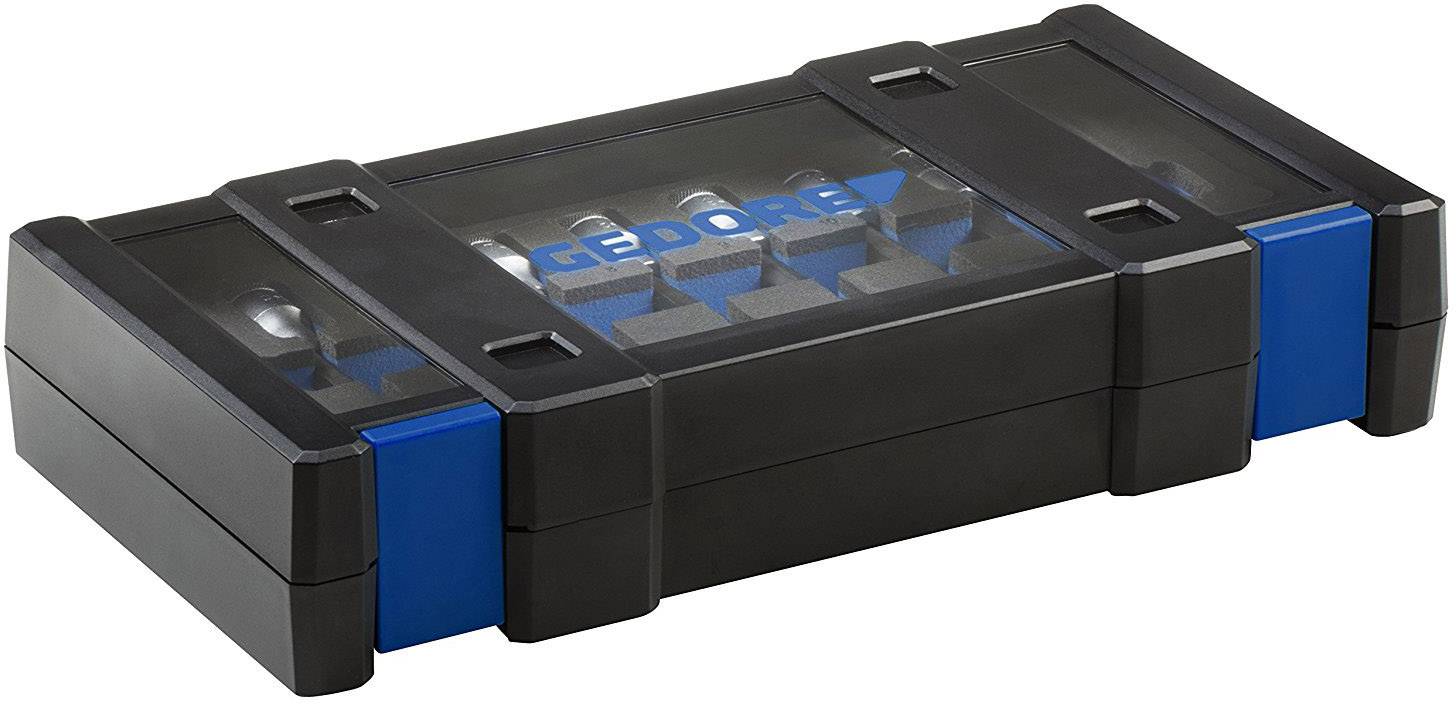 Boîtier noir pour set d'outils avec couvercle transparent, accent bleu et le nom de marque 'GEDORE' bien visible sur le dessus.