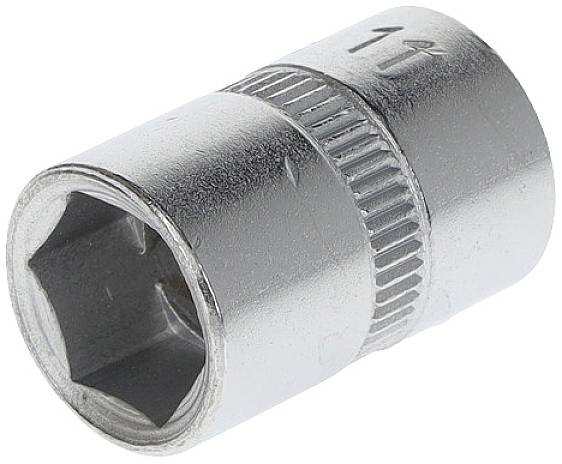 Embout de clé à douille en métal avec ouverture hexagonale et poignée cannelée, utilisé pour les travaux de vissage.