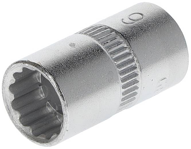 Clé à molette métallique, cylindrique, avec surface striée pour une meilleure prise en main et ouverture à denture multiple pour la saisie des vis.