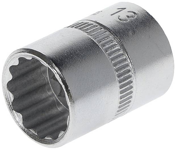 Tête de clé à vis métallique de forme cylindrique, adaptée aux vis de 13 mm. Elle présente une surface striée pour une meilleure prise en main.