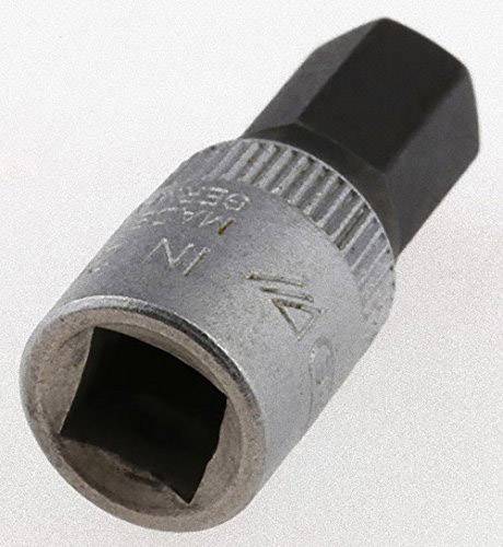 Un embout d'outil en argent avec une extrémité carrée et une tête hexagonale, utilisé pour les connexions de vis.