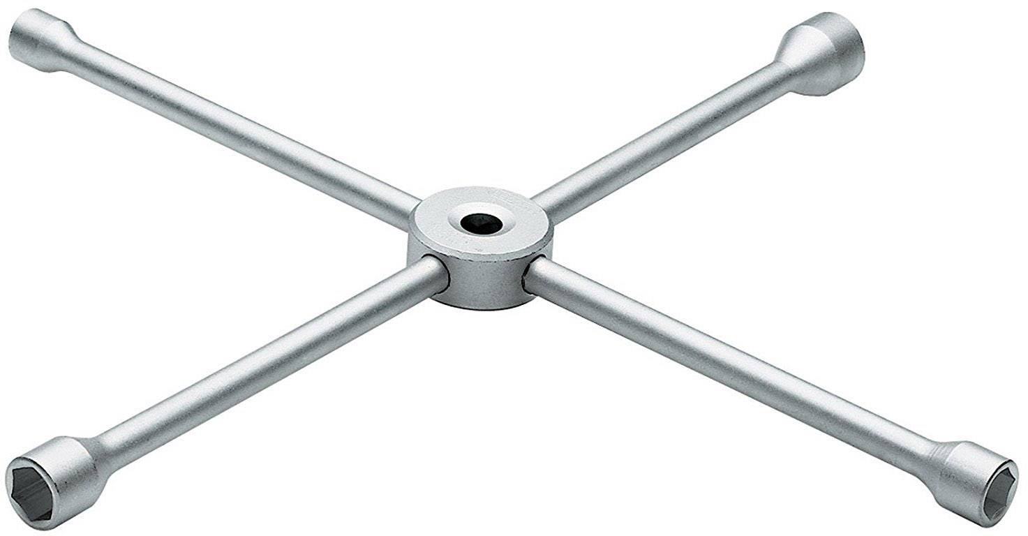 Un outil multifonction en argent avec une forme de croix, comportant quatre bras de longueur égale et des embouts de fixation intégrés à chaque extrémité pour le montage de roues.