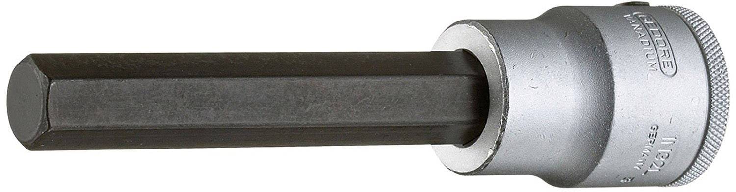Un embout hexagonal à douille en métal dans un support cylindrique, adapté aux clés à cliquet de grande taille.