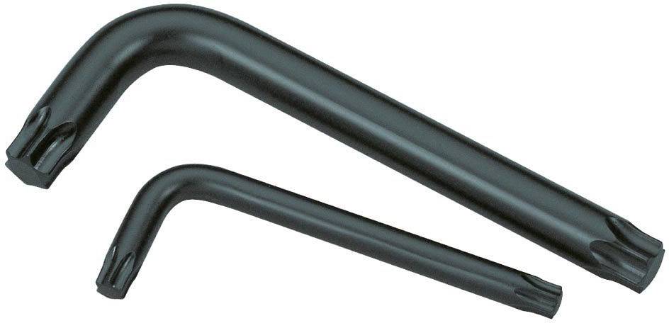 Deux clés Torx en L de différentes tailles, de couleur noire, sont posées côte à côte.