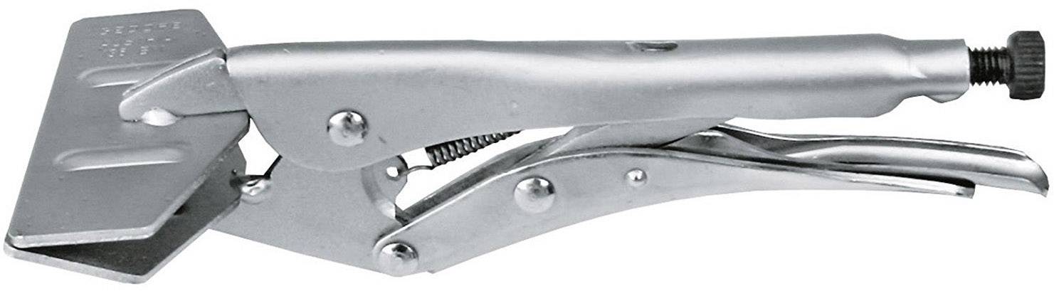 Une pince de préhension en argent avec une pince plate et une vis de réglage de la force de serrage. Adaptée pour la fixation de matériaux plats.